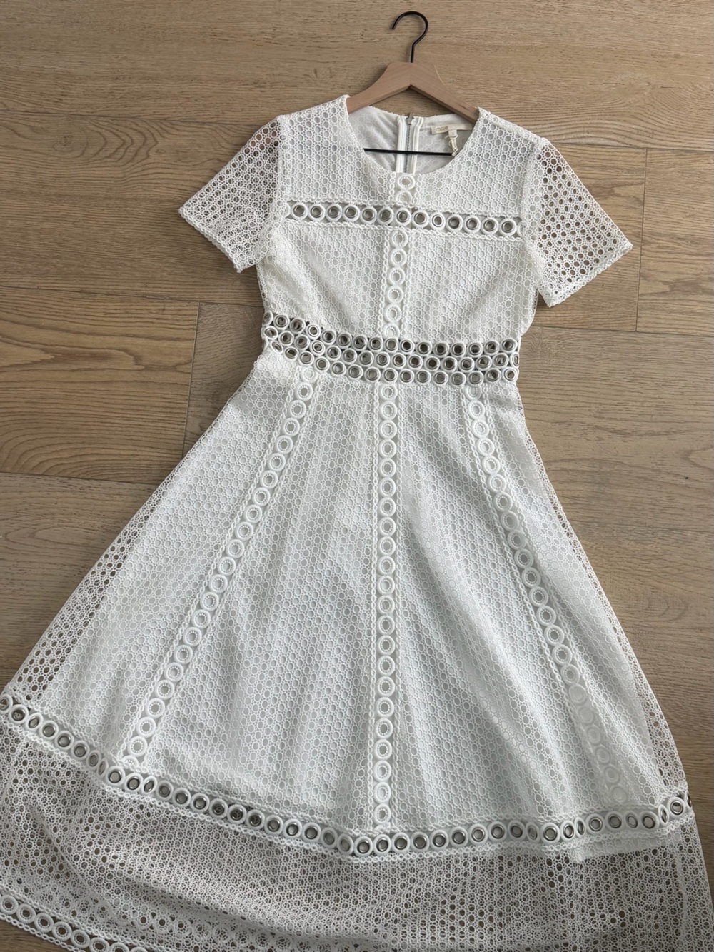 Maje White Eyelet Midi Dress with Circle Trim